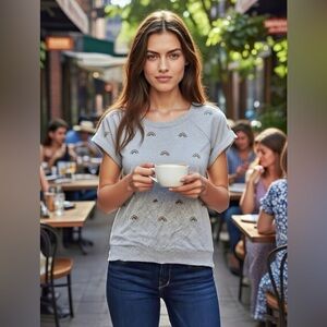 Jane and Delancey Gray Top with Colorful Rainbow Patterns